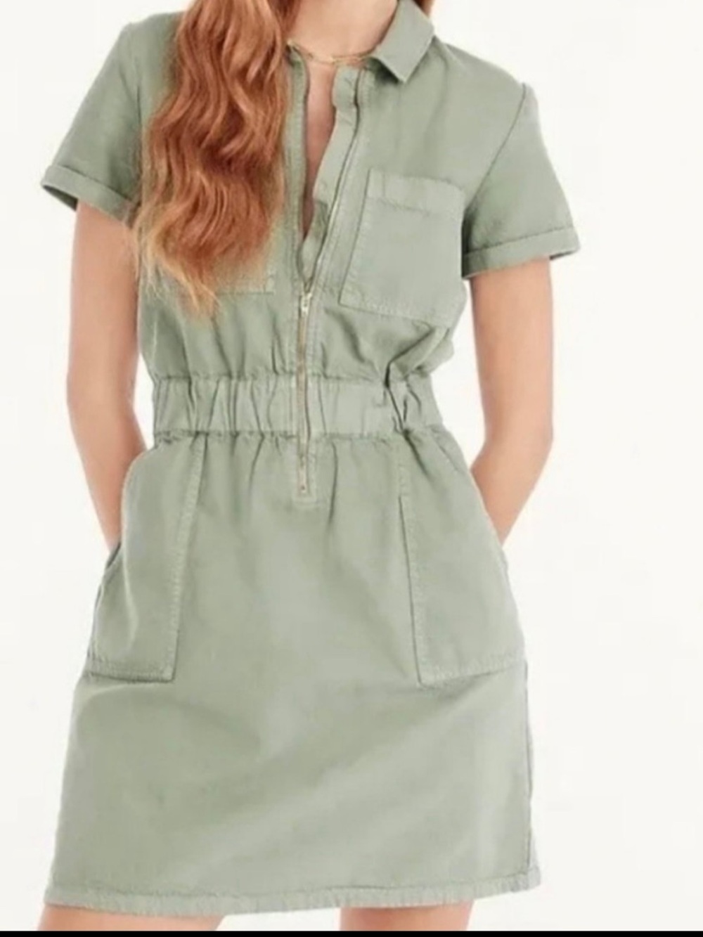 J. Crew Military Green Zip-Front Short Sleeve Mini Dress